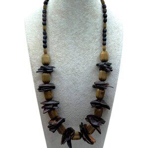 Vintage Beaded Necklace With Chunky Brown Wood & Brass Accents.  C10